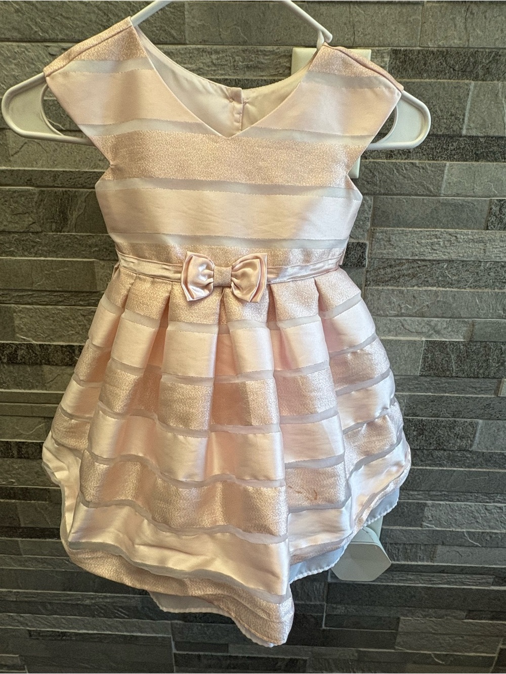 Jona Michelle Blush Pink Satin Stripe Dress with Waist Bow